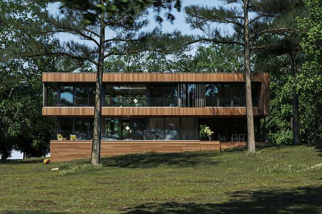 Housing on the shores of a lake. Horizontal structure in a picturesque natural landscape