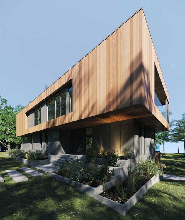 Housing on the shores of a lake. Horizontal structure in a picturesque natural landscape