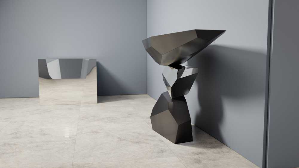 Console table inspired by Japanese rock gardens. Geometric shapes in balance