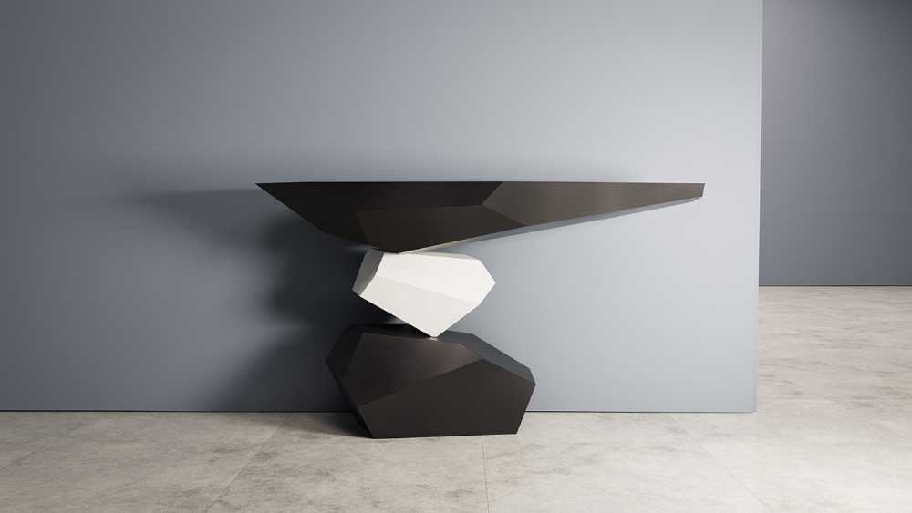 Console table inspired by Japanese rock gardens. Geometric shapes in balance