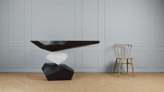 Console table inspired by Japanese rock gardens. Geometric shapes in balance