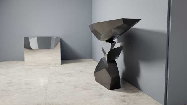 Console table inspired by Japanese rock gardens. Geometric shapes in balance