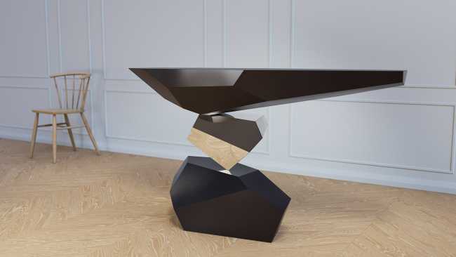 Console table inspired by Japanese rock gardens. Geometric shapes in balance