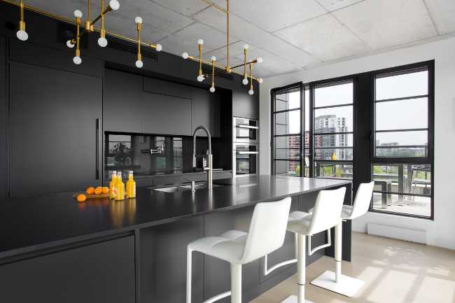 Lofts in Montreal. Black, white oak and colour accents for a young, urban interior design