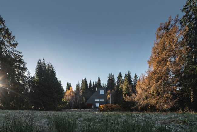 Chalet rivestito in alluminio tra gli alberi