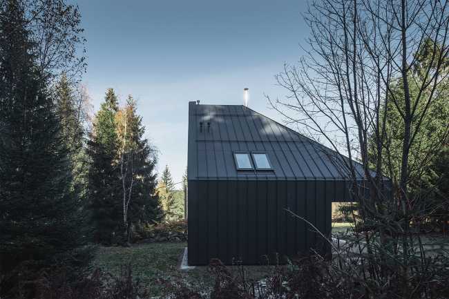 Chalet tra gli alberi grigio scuro