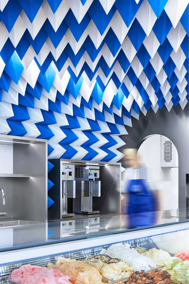 Games of geometries and colors. Ice cream parlor in Reykjavík inspired by an abstract ice cave.