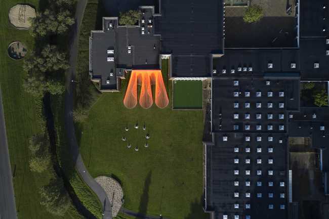 A pavilion of orange threads. United but separate to reflect on the historical moment we are living in