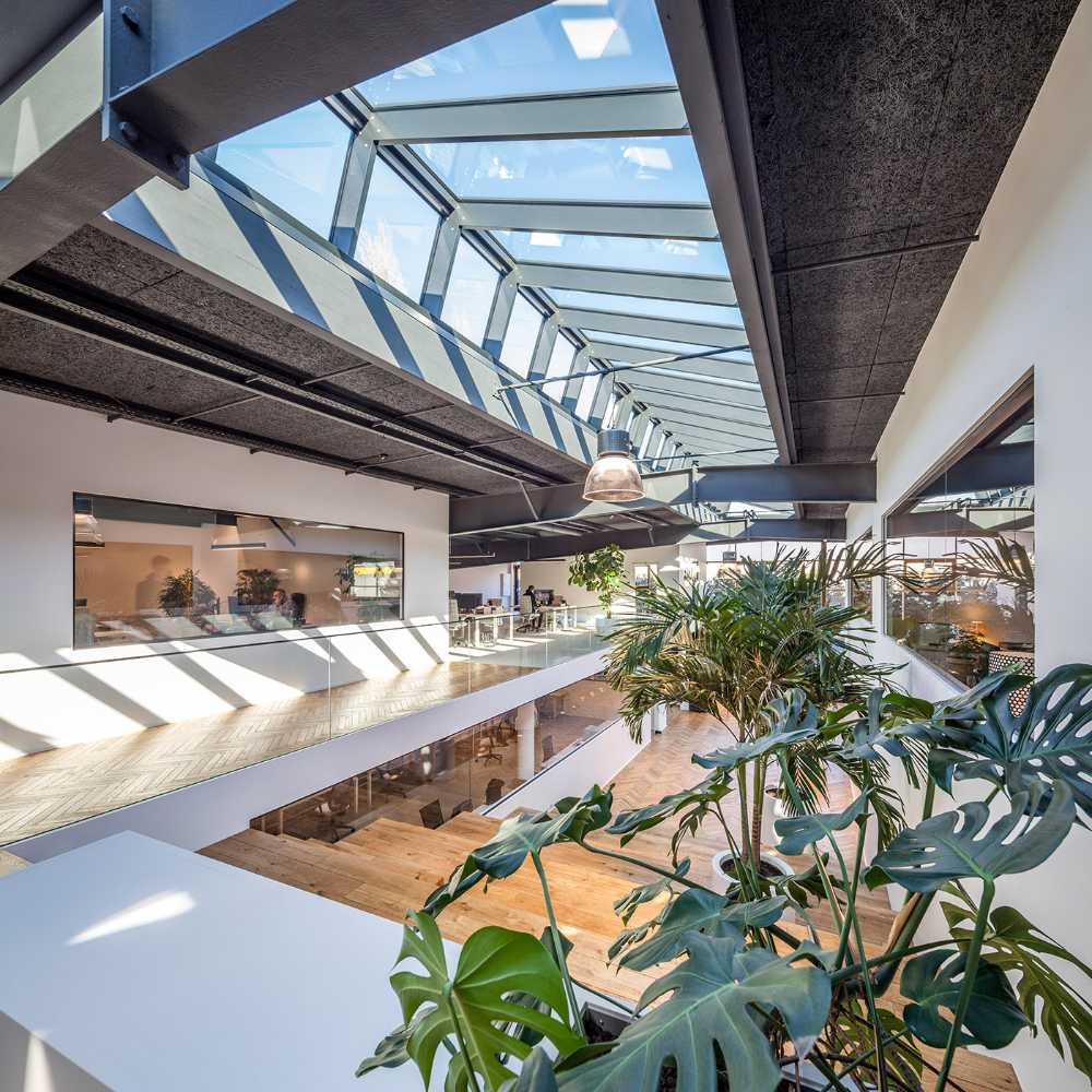 Entrepôt transformé en bureau. L'espace de travail est baigné de lumière naturelle