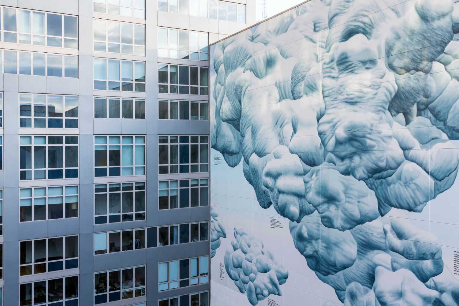 Mural artístico. Poética y fantástica vista del paisaje con nubes de Nueva York
