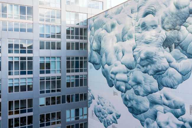 An artistic mural. Poetic and fantastic view of the cloud scape of New York.