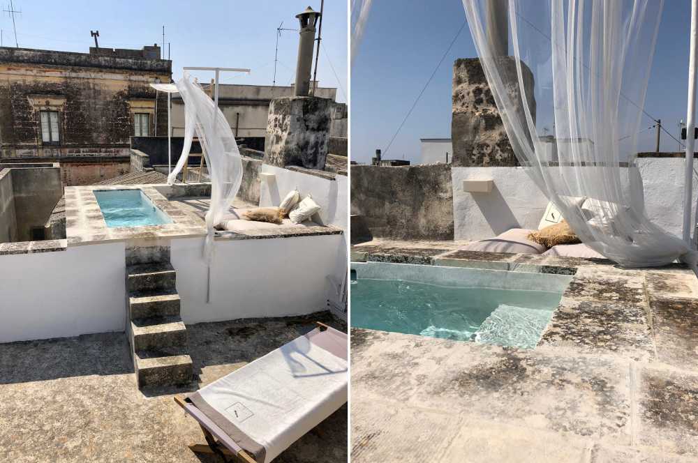 Terrasses en pierre locale et fenêtres bleues de style méditerranéen. La beauté du Salento reprend vie