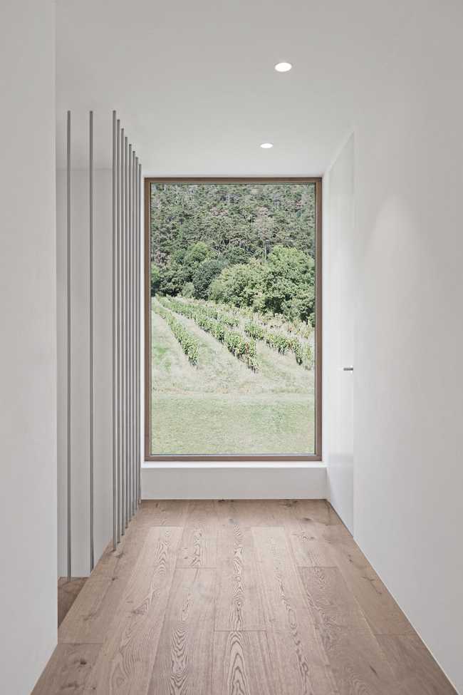 House on wine terraces. Wooden slats cover the structure like a velvety black veil