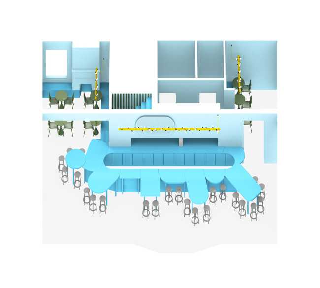 Tipico Cafè di New York. Tavoli di recupero formano bancone blu che massimizza le interazioni sociali