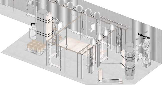 Futuristic sportswear shop: the Peu à Peu design displays the principles of fitness with robots and moving reflective spheres