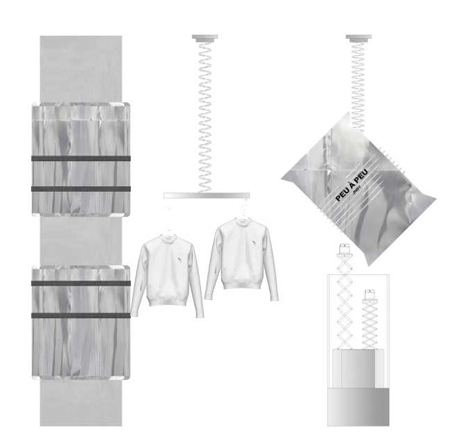 Futuristic sportswear shop: the Peu à Peu design displays the principles of fitness with robots and moving reflective spheres