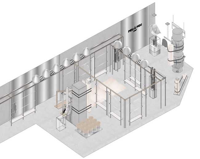 Futuristic sportswear shop: the Peu à Peu design displays the principles of fitness with robots and moving reflective spheres