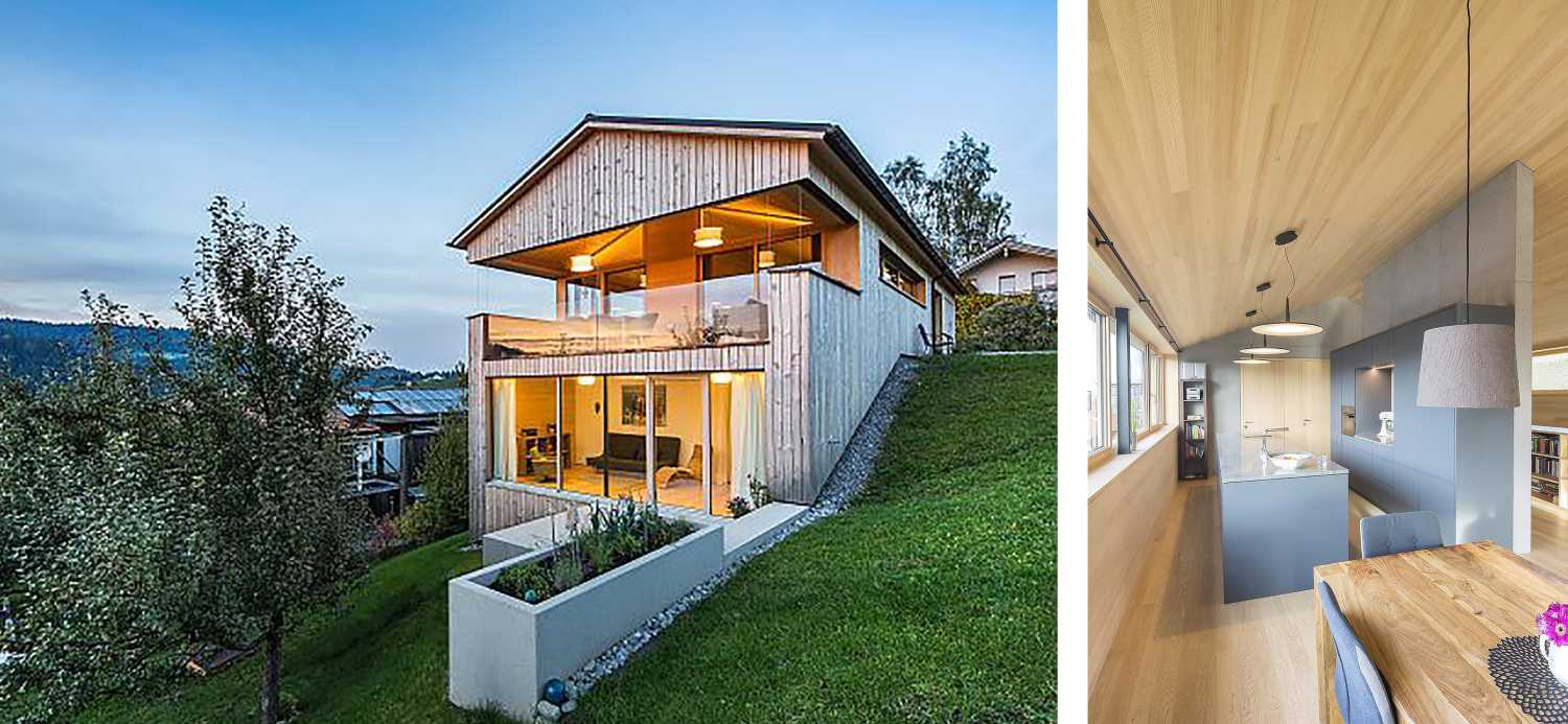 Haus Moosbrugger: a home standing on a steep slope, a wooden shell projected onto the Swiss landscape