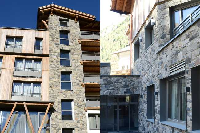 Hôtel Gurglhof en Autriche. Les finitions en bois et en pierre combinent le style traditionnel et moderne