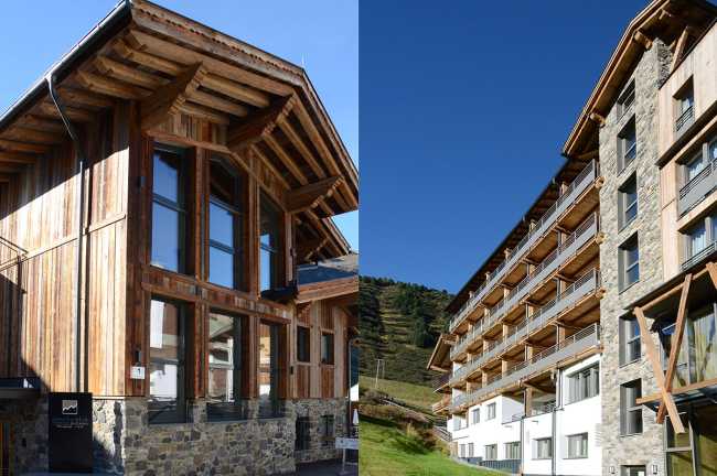 Hôtel Gurglhof en Autriche. Les finitions en bois et en pierre combinent le style traditionnel et moderne