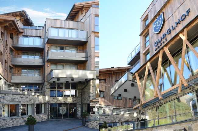 Hôtel Gurglhof en Autriche. Les finitions en bois et en pierre combinent le style traditionnel et moderne