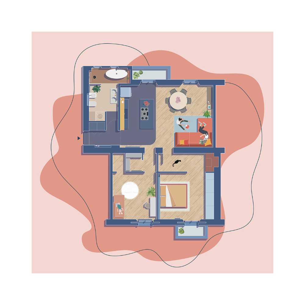 A renovation with lots of color. A retro apartment, where the art and the texture are well matched