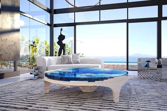 Abyss Horizon Coffee Table edition 2023. Glass and color for an oceanic chasm in the middle of the living room