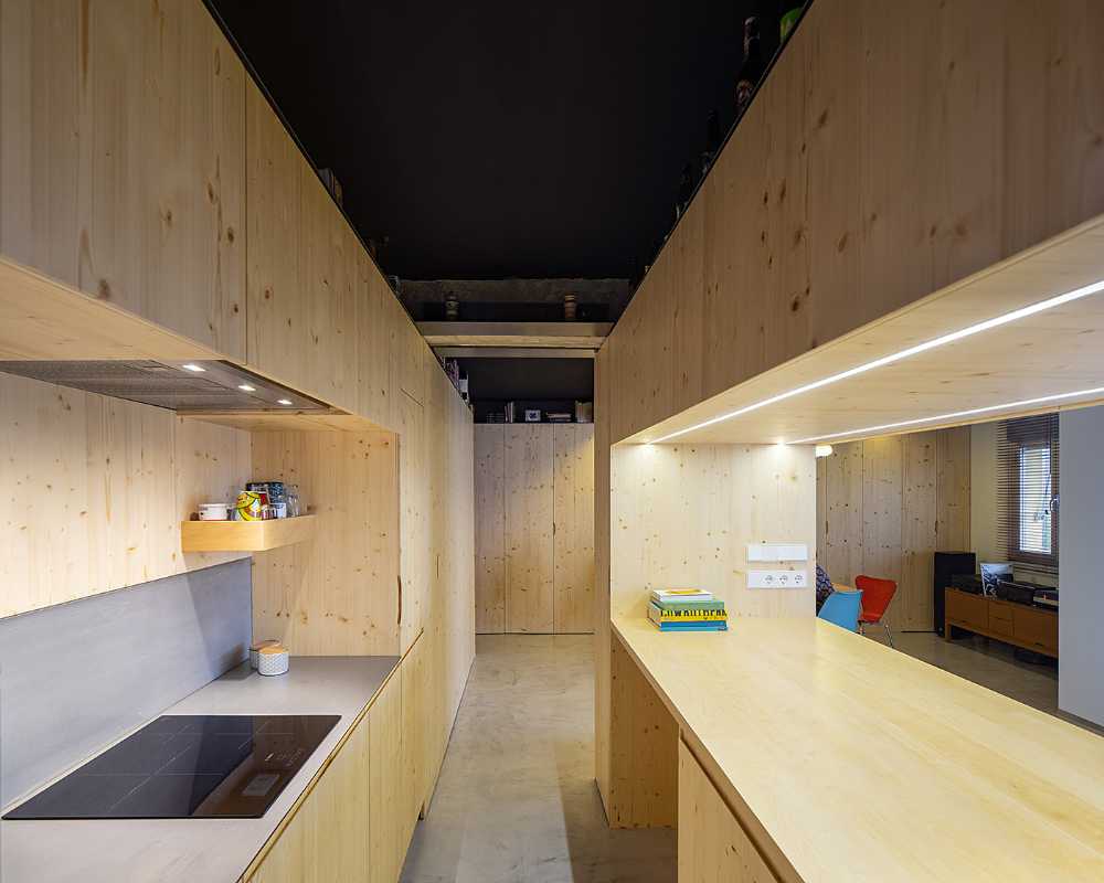 Interior Design Project for Apartment S73. Spaces and Furnishings Created through the Composition of Spruce Panels