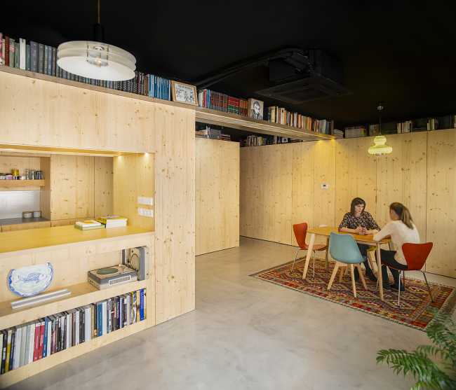 Interior Design Project for Apartment S73. Spaces and Furnishings Created through the Composition of Spruce Panels