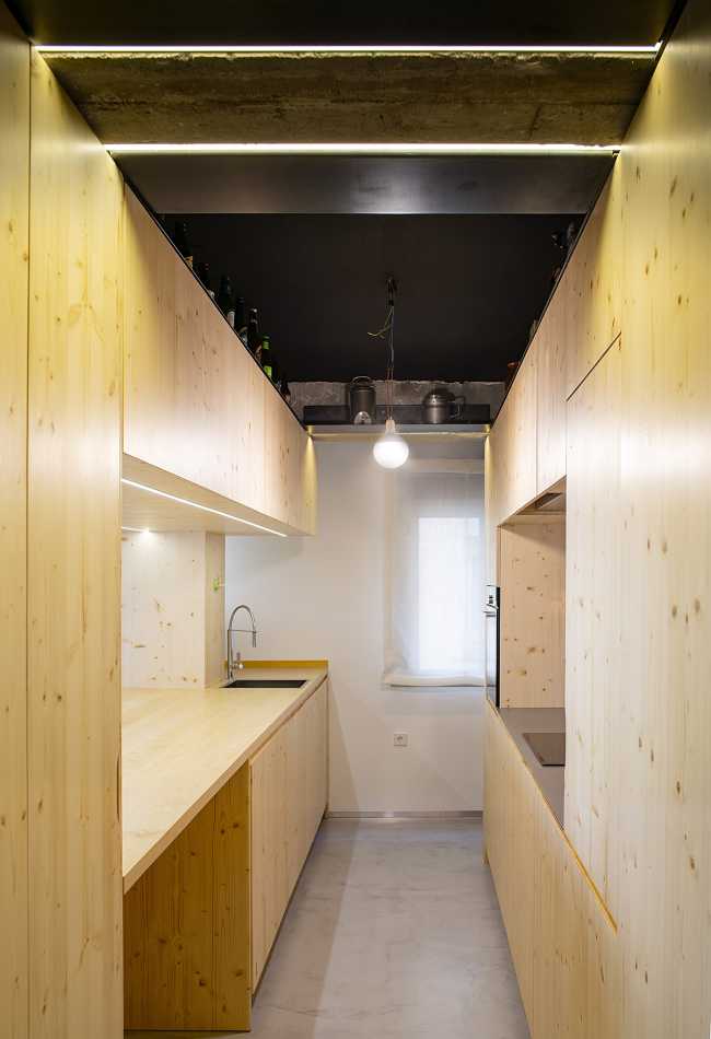 Interior Design Project for Apartment S73. Spaces and Furnishings Created through the Composition of Spruce Panels