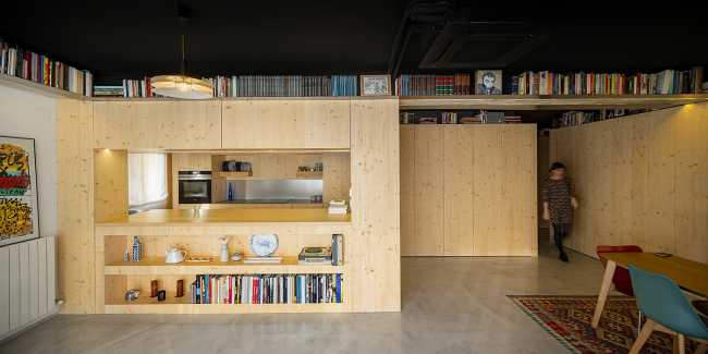 Interior Design Project for Apartment S73. Spaces and Furnishings Created through the Composition of Spruce Panels