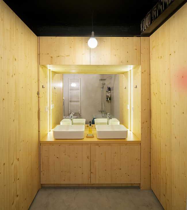 Interior Design Project for Apartment S73. Spaces and Furnishings Created through the Composition of Spruce Panels