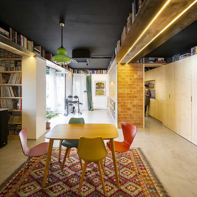 Interior Design Project for Apartment S73. Spaces and Furnishings Created through the Composition of Spruce Panels