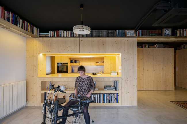 Interior Design Project for Apartment S73. Spaces and Furnishings Created through the Composition of Spruce Panels