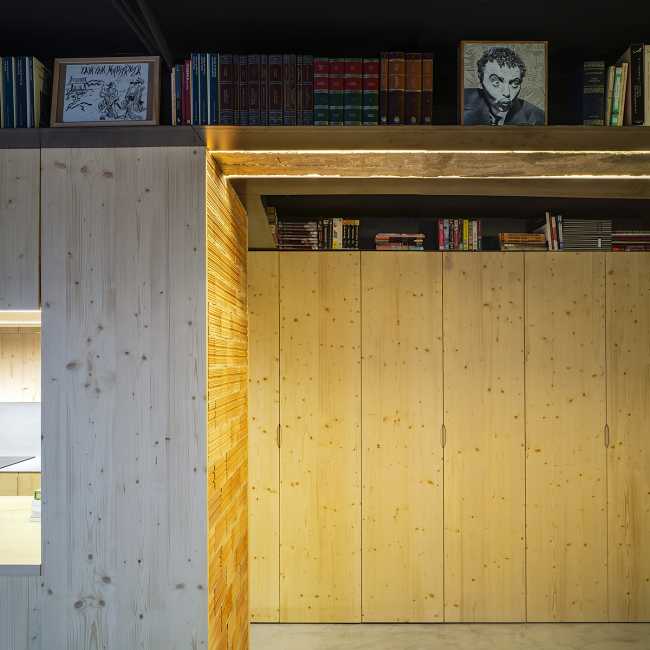 Interior Design Project for Apartment S73. Spaces and Furnishings Created through the Composition of Spruce Panels