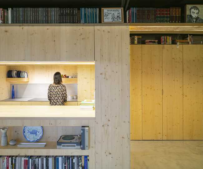 Interior Design Project for Apartment S73. Spaces and Furnishings Created through the Composition of Spruce Panels