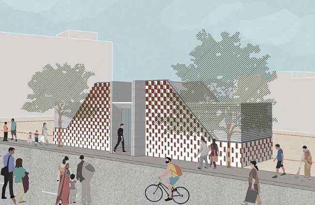 The temporary Business Centrum Sales Pavilion draws inspiration from the natural features of its surroundings