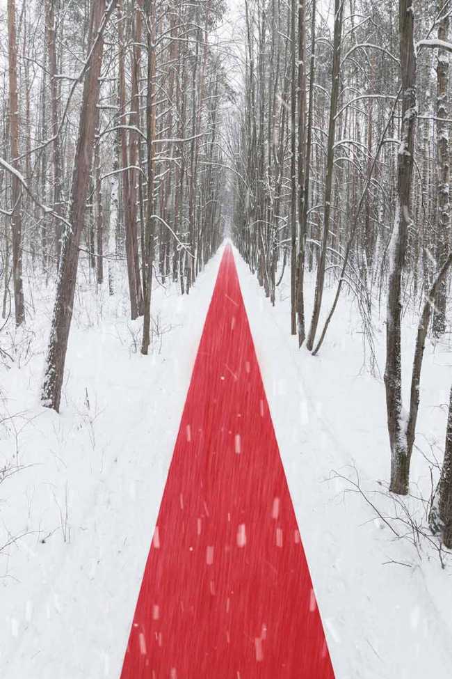 Nowhere. A red thread in the white landscape, effects of perspective and infinity