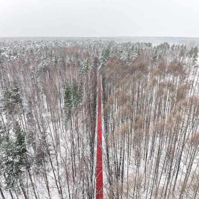 Nowhere. A red thread in the white landscape, effects of perspective and infinity