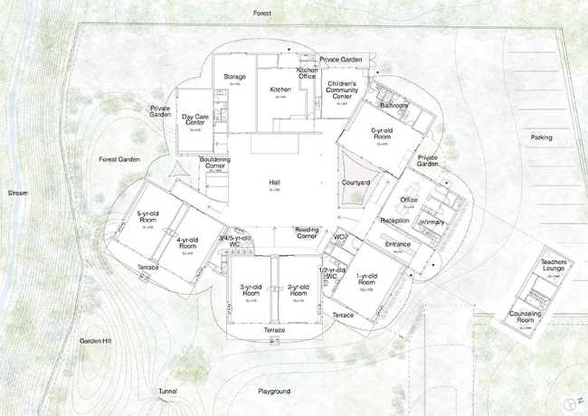 Children's Forest. Kindergarten floating gently in the woods