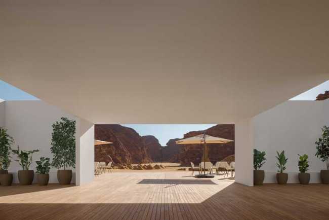 Centre des visiteurs de Desert X AlUla : le blanc contourne les rochers et morceaux de ciel