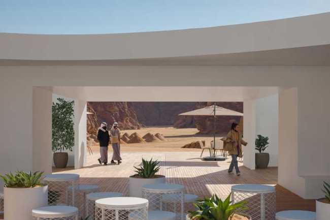 Centre des visiteurs de Desert X AlUla : le blanc contourne les rochers et morceaux de ciel