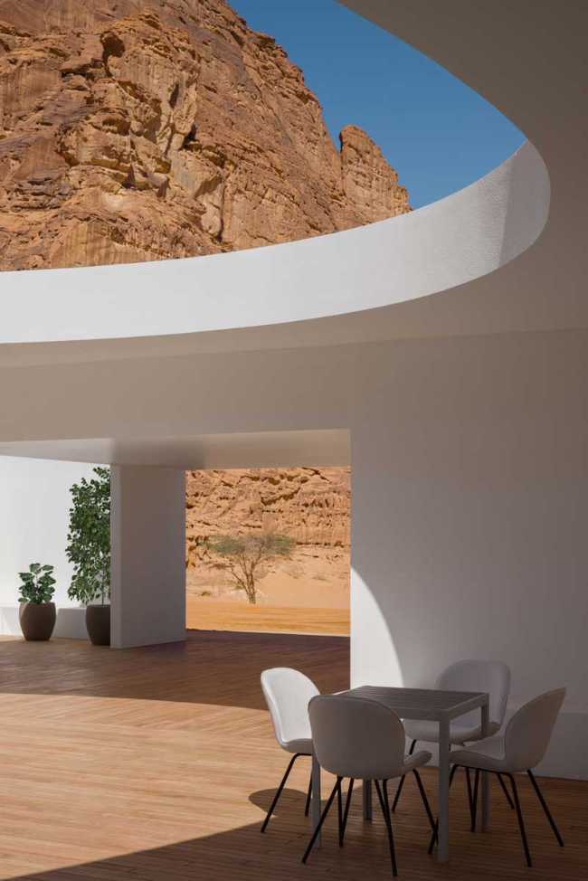 Centre des visiteurs de Desert X AlUla : le blanc contourne les rochers et morceaux de ciel