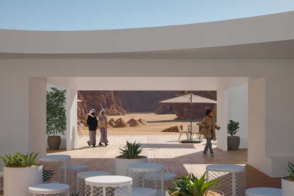 Centre des visiteurs de Desert X AlUla : le blanc contourne les rochers et morceaux de ciel