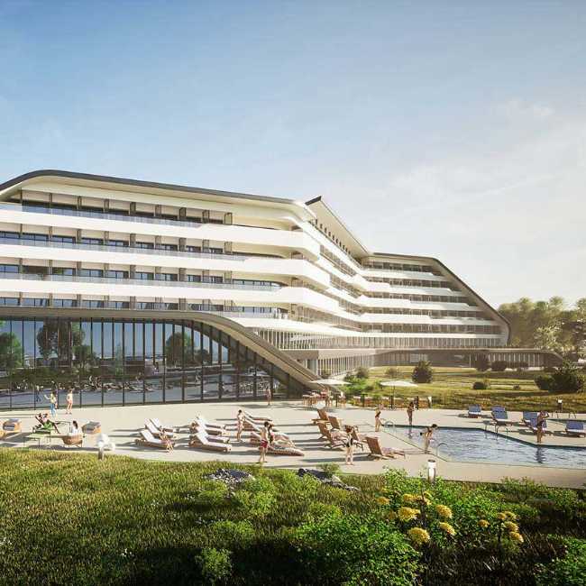 Il Resort sul lago Issik Kul ricrea in 3d le curve della costa