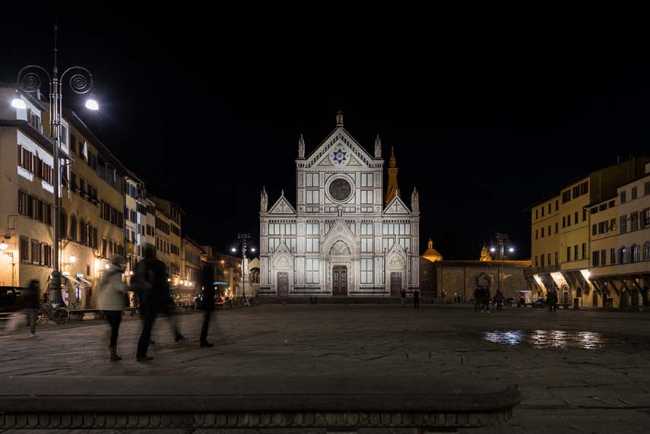 Lighting of the facade of the Basilica of Santa Croce in Florence