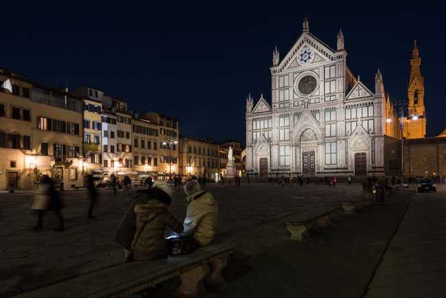 Lighting of the facade of the Basilica of Santa Croce in Florence