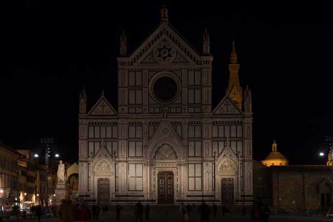 Lighting of the facade of the Basilica of Santa Croce in Florence