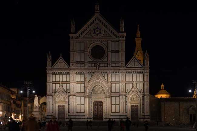 Lighting of the facade of the Basilica of Santa Croce in Florence