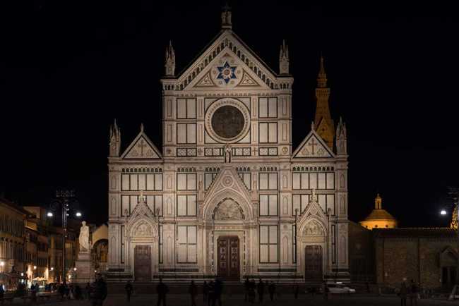Lighting of the facade of the Basilica of Santa Croce in Florence